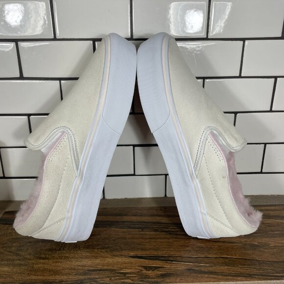 Vans Classic Slip On Platform Womens 8 Shoes Cream Suede Pink Faux Fur Sneaker - Picture 8 of 15